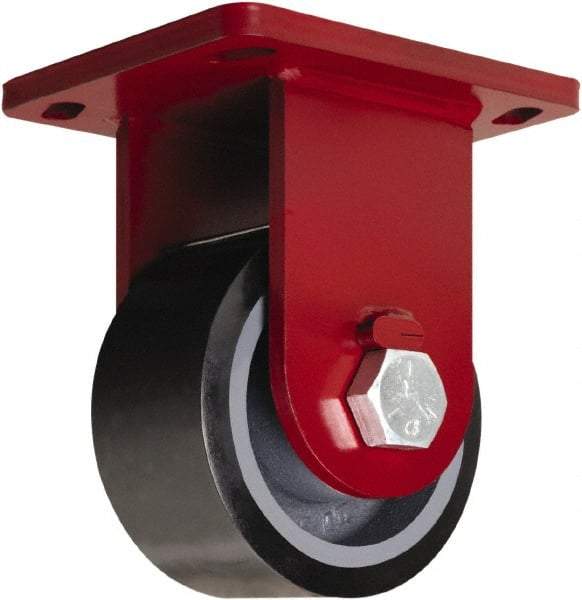 Hamilton - 10" Diam x 3" Wide x 12-1/2" OAH Top Plate Mount Rigid Caster - Polyurethane Mold onto Cast Iron Center, 3,900 Lb Capacity, Tapered Roller Bearing, 6-1/2 x 7-1/2" Plate - Apex Tool & Supply