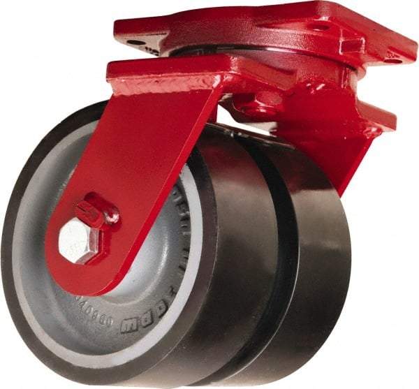 Hamilton - 8" Diam x 3" Wide x 10-1/2" OAH Top Plate Mount Dual Swivel Caster - Polyurethane Mold onto Cast Iron Center, 6,500 Lb Capacity, Sealed Precision Ball Bearing, 6-1/8 x 7-1/2" Plate - Apex Tool & Supply