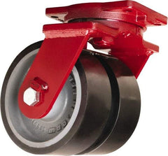 Hamilton - 8" Diam x 3" Wide x 10-1/2" OAH Top Plate Mount Dual Swivel Caster - Polyurethane Mold onto Cast Iron Center, 6,500 Lb Capacity, Sealed Precision Ball Bearing, 6-1/8 x 7-1/2" Plate - Apex Tool & Supply