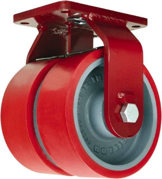 Hamilton - 6" Diam x 3" Wide x 8-1/2" OAH Top Plate Mount Dual Rigid Caster - Polyurethane Mold onto Cast Iron Center, 5,200 Lb Capacity, Tapered Roller Bearing, 5-1/2 x 7-1/2" Plate - Apex Tool & Supply