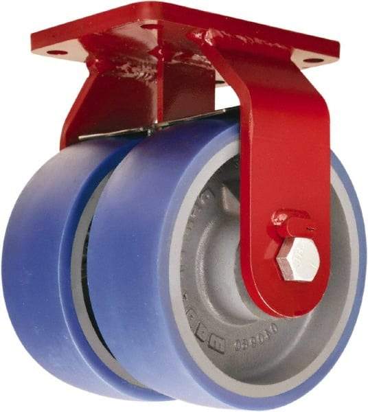 Hamilton - 6" Diam x 3" Wide x 8-1/2" OAH Top Plate Mount Dual Rigid Caster - Polyurethane Mold onto Cast Iron Center, 3,600 Lb Capacity, Tapered Roller Bearing, 5-1/2 x 7-1/2" Plate - Apex Tool & Supply