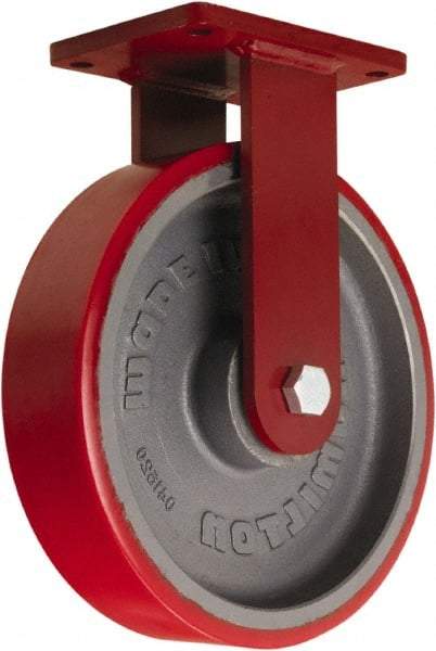 Hamilton - 12" Diam x 3" Wide x 14-1/2" OAH Top Plate Mount Rigid Caster - Polyurethane Mold onto Cast Iron Center, 4,200 Lb Capacity, Tapered Roller Bearing, 5-1/2 x 7-1/2" Plate - Apex Tool & Supply