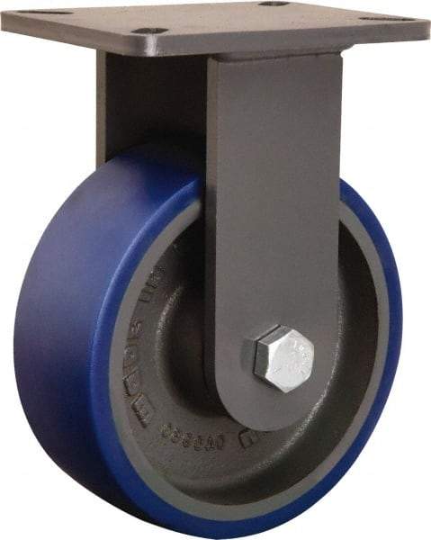 Hamilton - 8" Diam x 3" Wide x 10-1/2" OAH Top Plate Mount Rigid Caster - Polyurethane Mold onto Cast Iron Center, 2,000 Lb Capacity, Sealed Precision Ball Bearing, 5-1/4 x 7-1/4" Plate - Apex Tool & Supply
