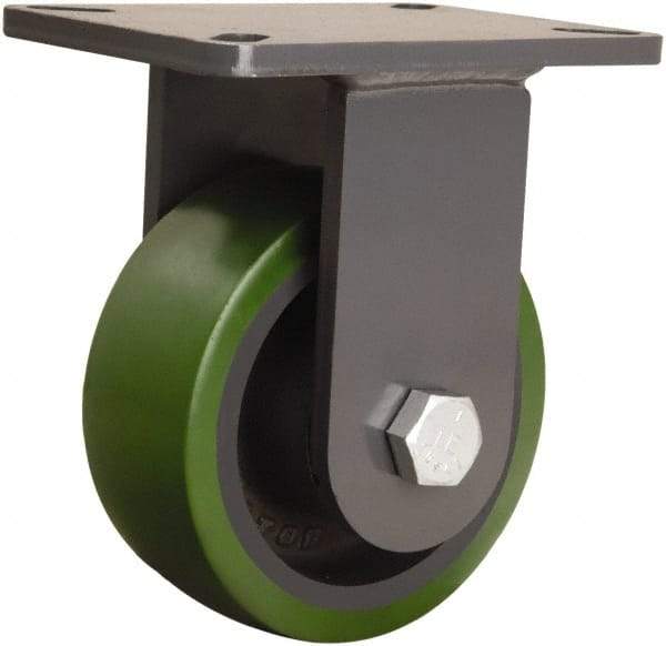 Hamilton - 6" Diam x 2-1/2" Wide x 8" OAH Top Plate Mount Rigid Caster - Polyurethane Mold onto Cast Iron Center, 1,600 Lb Capacity, Tapered Roller Bearing, 5-1/4 x 7-1/4" Plate - Apex Tool & Supply