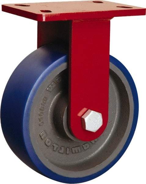 Hamilton - 8" Diam x 3" Wide x 10-1/8" OAH Top Plate Mount Rigid Caster - Polyurethane Mold onto Cast Iron Center, 2,000 Lb Capacity, Sealed Precision Ball Bearing, 5 x 7" Plate - Apex Tool & Supply
