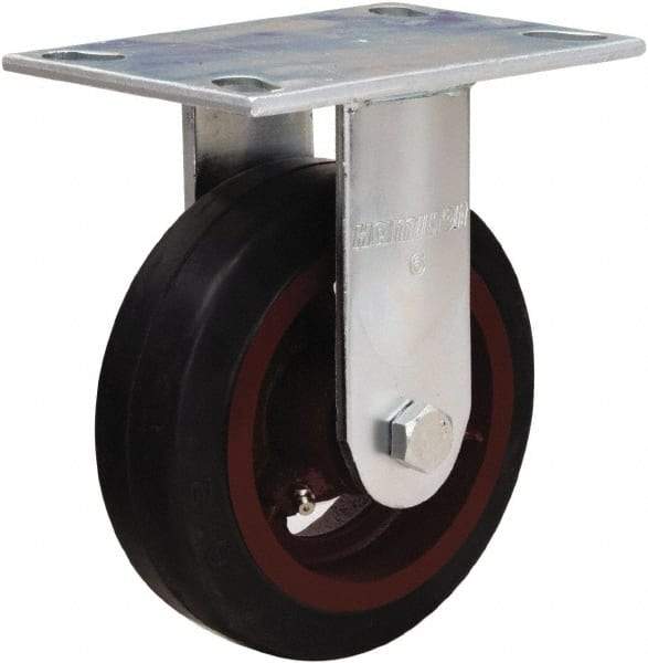 Hamilton - 6" Diam x 2" Wide x 7-1/2" OAH Top Plate Mount Rigid Caster - Rubber Mold on Cast Iron, 410 Lb Capacity, Straight Roller Bearing, 4-1/2 x 6-1/4" Plate - Apex Tool & Supply