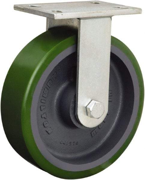 Hamilton - 8" Diam x 3" Wide x 10-1/2" OAH Top Plate Mount Rigid Caster - Polyurethane Mold onto Cast Iron Center, 2,000 Lb Capacity, Tapered Roller Bearing, 5-1/4 x 7-1/4" Plate - Apex Tool & Supply