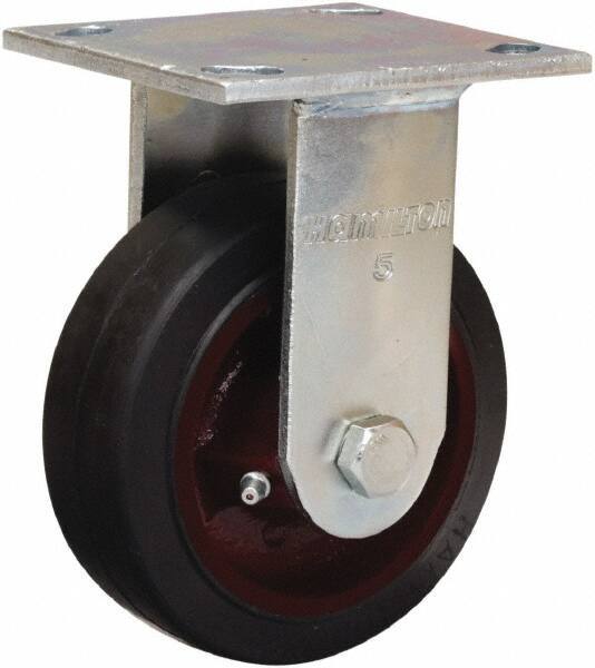 Hamilton - 4" Diam x 2" Wide x 5-5/8" OAH Top Plate Mount Rigid Caster - Rubber Mold on Cast Iron, Straight Roller Bearing, 4 x 4-1/2" Plate - Apex Tool & Supply