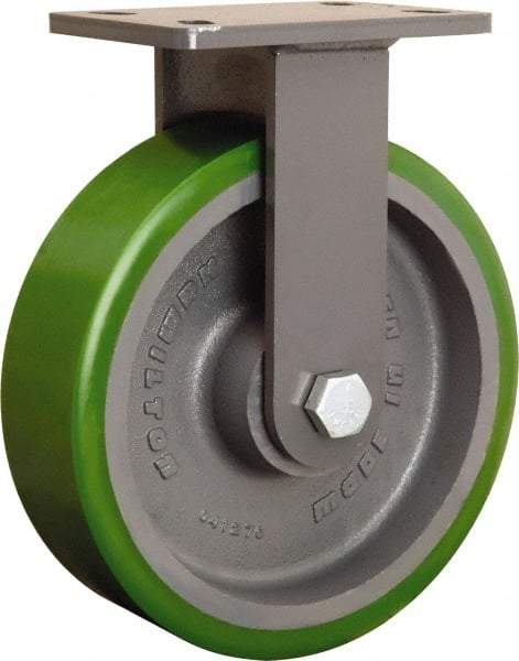 Hamilton - 10" Diam x 3" Wide x 12-1/16" OAH Top Plate Mount Rigid Caster - Polyurethane Mold onto Cast Iron Center, 2,400 Lb Capacity, Tapered Roller Bearing, 5 x 7" Plate - Apex Tool & Supply