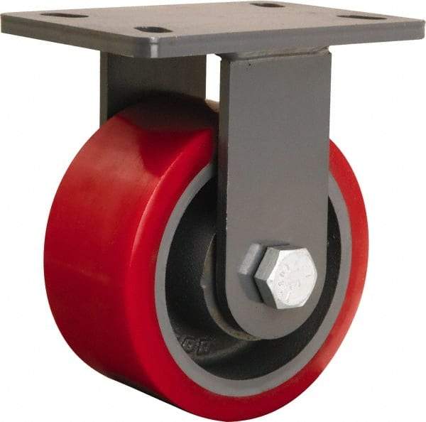 Hamilton - 6" Diam x 3" Wide x 7-3/4" OAH Top Plate Mount Rigid Caster - Polyurethane Mold onto Cast Iron Center, 2,400 Lb Capacity, Tapered Roller Bearing, 5 x 7" Plate - Apex Tool & Supply