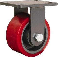 Hamilton - 6" Diam x 3" Wide x 7-3/4" OAH Top Plate Mount Rigid Caster - Polyurethane Mold onto Cast Iron Center, 2,400 Lb Capacity, Tapered Roller Bearing, 5 x 7" Plate - Apex Tool & Supply