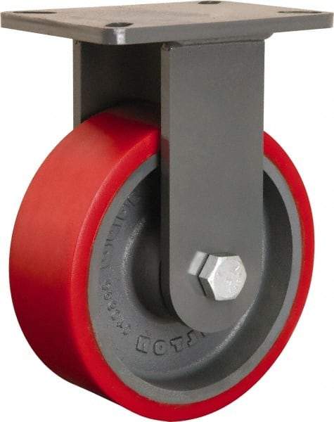 Hamilton - 8" Diam x 3" Wide x 10-1/2" OAH Top Plate Mount Rigid Caster - Polyurethane Mold onto Cast Iron Center, 3,000 Lb Capacity, Tapered Roller Bearing, 5-1/4 x 7-1/4" Plate - Apex Tool & Supply