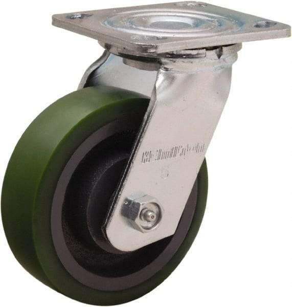 Hamilton - 5" Diam x 1-1/2" Wide x 6-1/8" OAH Top Plate Mount Swivel Caster - Polyurethane Mold onto Cast Iron Center, 550 Lb Capacity, Straight Roller Bearing, 4 x 4-1/2" Plate - Apex Tool & Supply