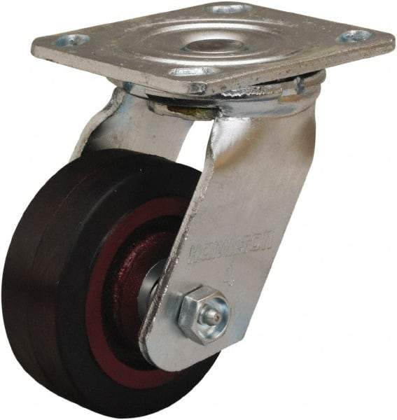 Hamilton - 4" Diam x 1-1/2" Wide x 5-5/8" OAH Top Plate Mount Swivel Caster - Rubber Mold on Cast Iron, 200 Lb Capacity, Straight Roller Bearing, 4 x 4-1/2" Plate - Apex Tool & Supply