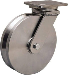 Hamilton - 8" Diam x 2" Wide, Stainless Steel Swivel Caster - 1,600 Lb Capacity, Top Plate Mount, 4" x 5" Plate, Delrin Bearing - Apex Tool & Supply