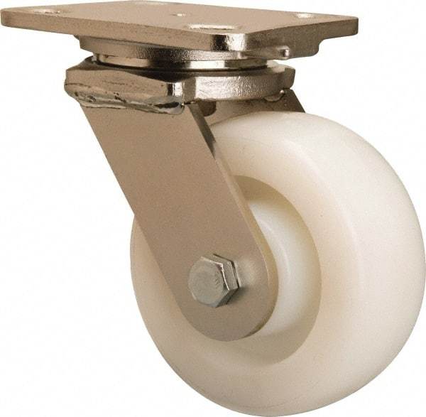 Hamilton - 5" Diam x 2" Wide x 6-1/2" OAH Top Plate Mount Swivel Caster - Nylon, 900 Lb Capacity, Stainless Steel Double Shielded Precision Ball Bearing, 4 x 5" Plate - Apex Tool & Supply