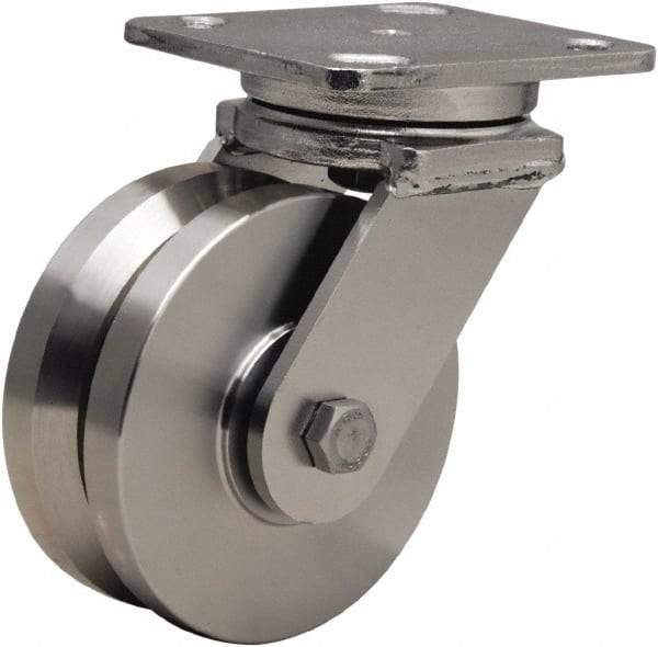 Hamilton - 5" Diam x 2" Wide, Stainless Steel Swivel Caster - 950 Lb Capacity, Top Plate Mount, 4" x 5" Plate, Delrin Bearing - Apex Tool & Supply