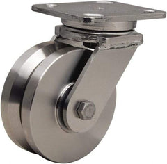 Hamilton - 5" Diam x 2" Wide, Stainless Steel Swivel Caster - 950 Lb Capacity, Top Plate Mount, 4" x 5" Plate, Delrin Bearing - Apex Tool & Supply
