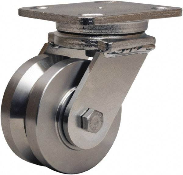 Hamilton - 4" Diam x 2" Wide, Stainless Steel Swivel Caster - 850 Lb Capacity, Top Plate Mount, 4" x 5" Plate, Stainless Steel Precision Ball Bearing - Apex Tool & Supply