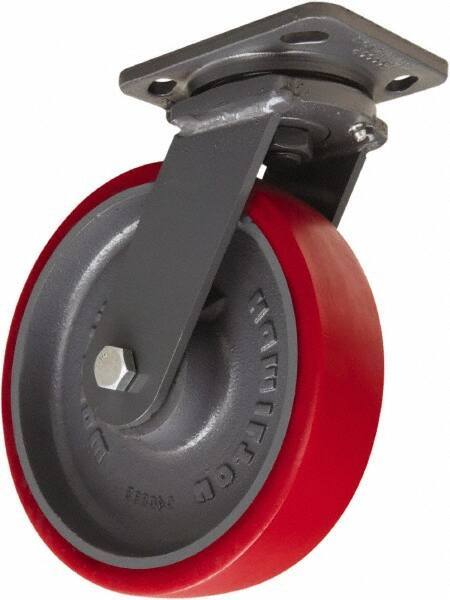 Hamilton - 8" Diam x 2" Wide x 9-1/2" OAH Top Plate Mount Swivel Caster - Polyurethane Mold onto Cast Iron Center, 1,800 Lb Capacity, Sealed Precision Ball Bearing, 4 x 5" Plate - Apex Tool & Supply