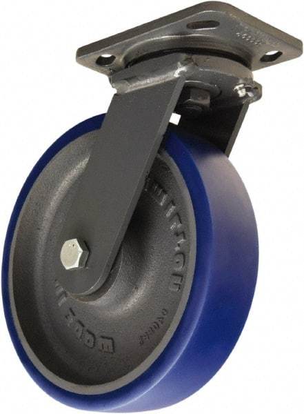 Hamilton - 8" Diam x 2" Wide x 9-1/2" OAH Top Plate Mount Swivel Caster - Polyurethane Mold onto Cast Iron Center, 1,200 Lb Capacity, Tapered Roller Bearing, 4 x 5" Plate - Apex Tool & Supply