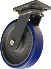 Hamilton - 8" Diam x 2" Wide x 9-1/2" OAH Top Plate Mount Swivel Caster - Polyurethane Mold onto Cast Iron Center, 1,200 Lb Capacity, Tapered Roller Bearing, 4 x 5" Plate - Apex Tool & Supply