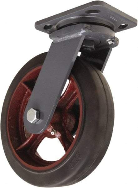 Hamilton - 8" Diam x 2" Wide x 9-1/2" OAH Top Plate Mount Swivel Caster - Rubber Mold on Cast Iron, 500 Lb Capacity, Straight Roller Bearing, 4 x 5" Plate - Apex Tool & Supply