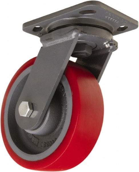 Hamilton - 6" Diam x 2" Wide x 7-1/2" OAH Top Plate Mount Swivel Caster - Polyurethane Mold onto Cast Iron Center, 1,400 Lb Capacity, Sealed Precision Ball Bearing, 4 x 5" Plate - Apex Tool & Supply