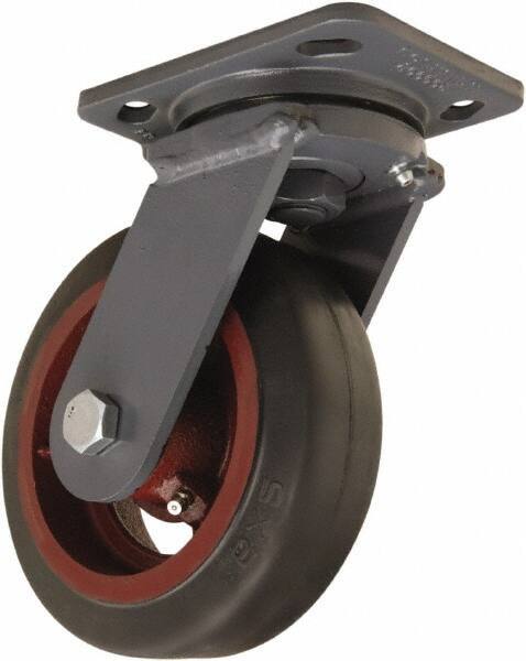 Hamilton - 6" Diam x 2" Wide x 7-1/2" OAH Top Plate Mount Swivel Caster - Rubber Mold on Cast Iron, 410 Lb Capacity, Straight Roller Bearing, 4 x 5" Plate - Apex Tool & Supply