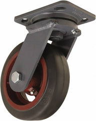 Hamilton - 6" Diam x 2" Wide x 7-1/2" OAH Top Plate Mount Swivel Caster - Rubber Mold on Cast Iron, 410 Lb Capacity, Straight Roller Bearing, 4 x 5" Plate - Apex Tool & Supply