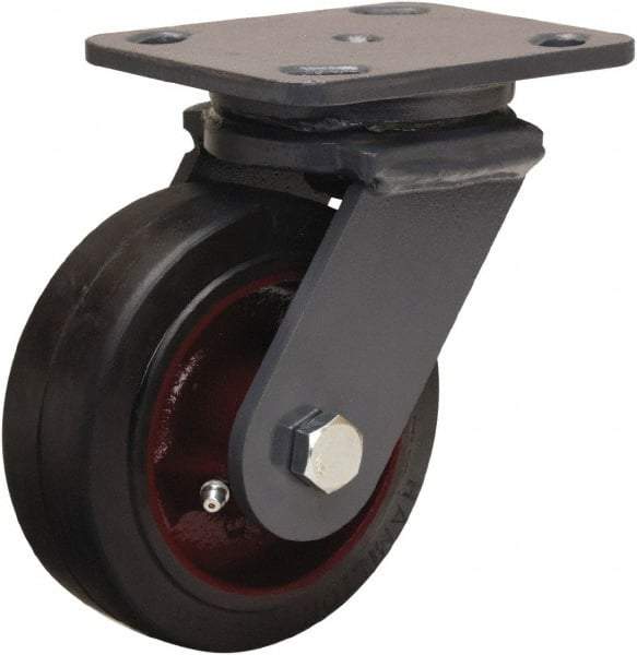 Hamilton - 5" Diam x 2" Wide x 6-1/2" OAH Top Plate Mount Swivel Caster - Rubber Mold on Cast Iron, 350 Lb Capacity, Straight Roller Bearing, 4 x 5" Plate - Apex Tool & Supply