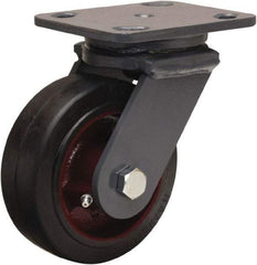 Hamilton - 5" Diam x 2" Wide x 6-1/2" OAH Top Plate Mount Swivel Caster - Rubber Mold on Cast Iron, 350 Lb Capacity, Straight Roller Bearing, 4 x 5" Plate - Apex Tool & Supply