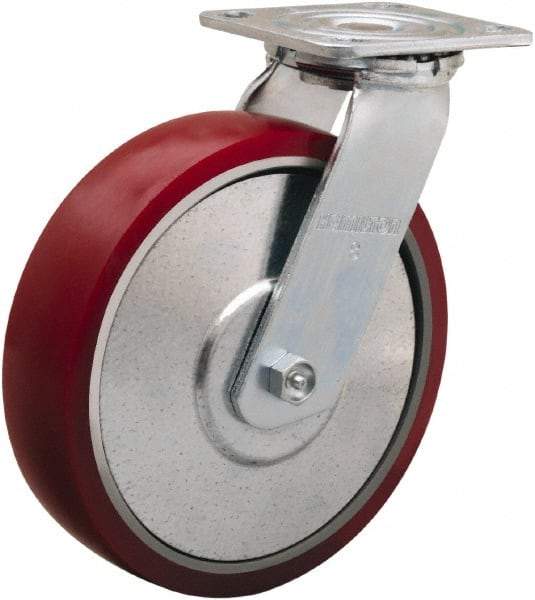 Hamilton - 8" Diam x 2" Wide x 9-1/2" OAH Top Plate Mount Swivel Caster - Polyurethane on Aluminum, 900 Lb Capacity, Straight Roller Bearing, 4 x 4-1/2" Plate - Apex Tool & Supply
