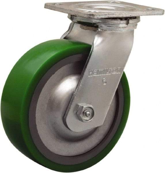 Hamilton - 6" Diam x 2" Wide x 7-1/2" OAH Top Plate Mount Swivel Caster - Polyurethane Mold onto Cast Iron Center, 900 Lb Capacity, Sealed Precision Ball Bearing, 4 x 4-1/2" Plate - Apex Tool & Supply