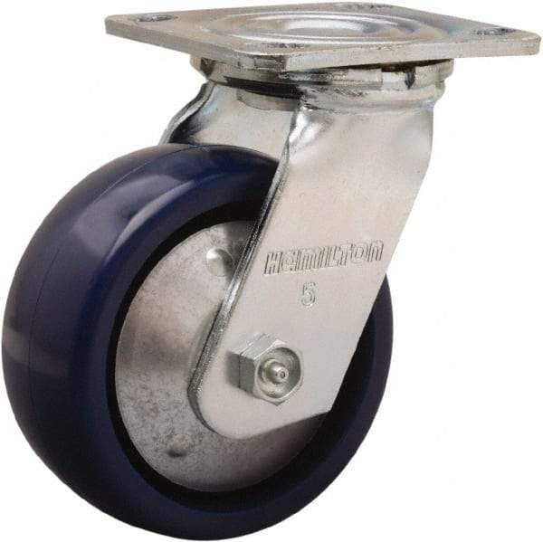 Hamilton - 5" Diam x 2" Wide x 6-1/2" OAH Top Plate Mount Swivel Caster - Polyurethane, 900 Lb Capacity, Sealed Precision Ball Bearing, 4 x 4-1/2" Plate - Apex Tool & Supply