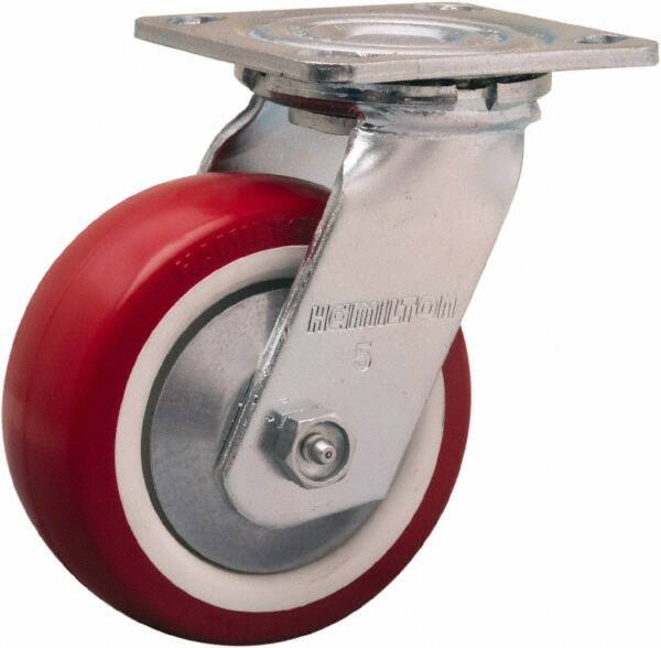 Hamilton - 5" Diam x 2" Wide x 6-1/2" OAH Top Plate Mount Swivel Caster - Polyurethane Mold on Polypropylene, 900 Lb Capacity, Straight Roller Bearing, 4 x 4-1/2" Plate - Apex Tool & Supply
