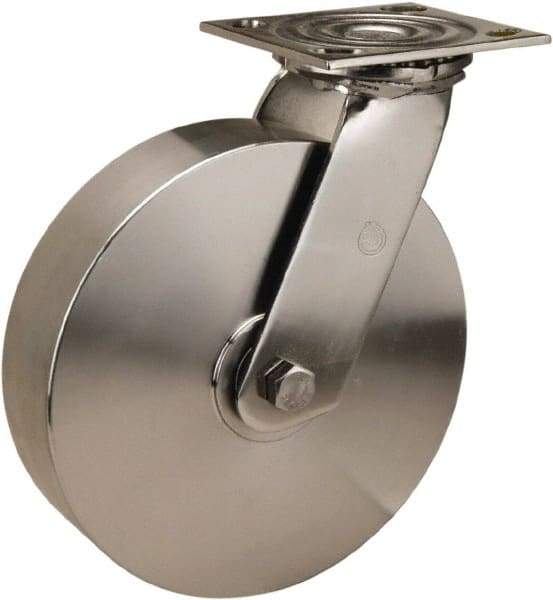 Hamilton - 8" Diam x 2" Wide x 9-1/2" OAH Top Plate Mount Swivel Caster - Forged Steel, 800 Lb Capacity, Delrin Bearing, 3-3/4 x 4-1/2" Plate - Apex Tool & Supply