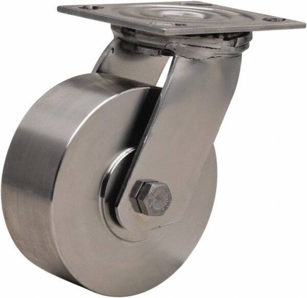 Hamilton - 5" Diam x 2" Wide x 6-1/2" OAH Top Plate Mount Swivel Caster - Forged Steel, 800 Lb Capacity, Delrin Bearing, 3-3/4 x 4-1/2" Plate - Apex Tool & Supply