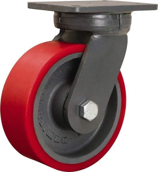 Hamilton - 8" Diam x 3" Wide x 10-1/2" OAH Top Plate Mount Swivel Caster - Polyurethane Mold onto Cast Iron Center, 3,000 Lb Capacity, Tapered Roller Bearing, 5-1/4 x 7-1/4" Plate - Apex Tool & Supply
