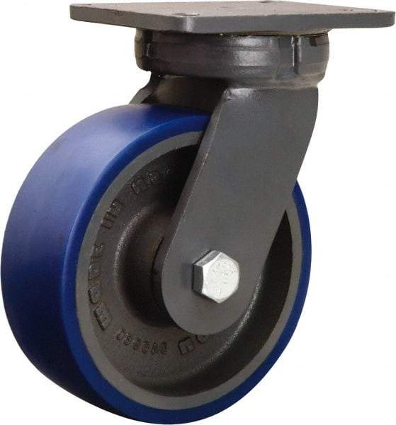 Hamilton - 8" Diam x 3" Wide x 10-1/2" OAH Top Plate Mount Swivel Caster - Polyurethane Mold onto Cast Iron Center, 2,000 Lb Capacity, Sealed Precision Ball Bearing, 5-1/4 x 7-1/4" Plate - Apex Tool & Supply