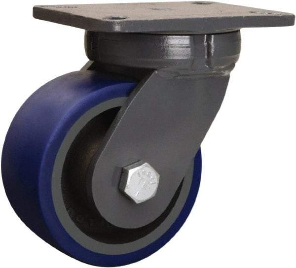 Hamilton - 6" Diam x 3" Wide x 8" OAH Top Plate Mount Swivel Caster - Polyurethane Mold onto Cast Iron Center, 1,800 Lb Capacity, Sealed Precision Ball Bearing, 5-1/4 x 7-1/4" Plate - Apex Tool & Supply