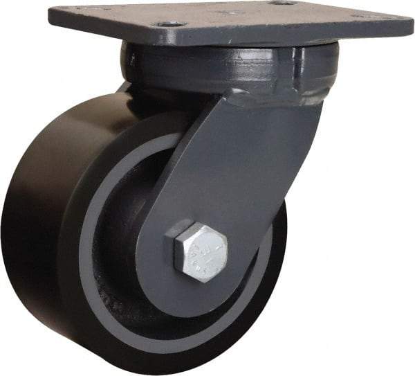 Hamilton - 6" Diam x 3" Wide x 8" OAH Top Plate Mount Swivel Caster - Polyurethane Mold onto Cast Iron Center, 2,860 Lb Capacity, Tapered Roller Bearing, 5-1/4 x 7-1/4" Plate - Apex Tool & Supply