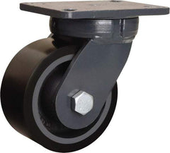 Hamilton - 6" Diam x 3" Wide x 8" OAH Top Plate Mount Swivel Caster - Polyurethane Mold onto Cast Iron Center, 2,860 Lb Capacity, Tapered Roller Bearing, 5-1/4 x 7-1/4" Plate - Apex Tool & Supply