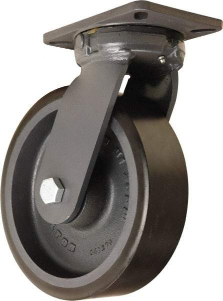 Hamilton - 10" Diam x 3" Wide x 12-1/2" OAH Top Plate Mount Swivel Caster - Polyurethane Mold onto Cast Iron Center, 3,900 Lb Capacity, Tapered Roller Bearing, 5-1/4 x 7-1/4" Plate - Apex Tool & Supply