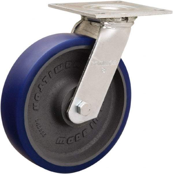 Hamilton - 8" Diam x 2" Wide x 9-1/2" OAH Top Plate Mount Swivel Caster - Polyurethane Mold onto Cast Iron Center, 900 Lb Capacity, Sealed Precision Ball Bearing, 5 x 5-1/2" Plate - Apex Tool & Supply
