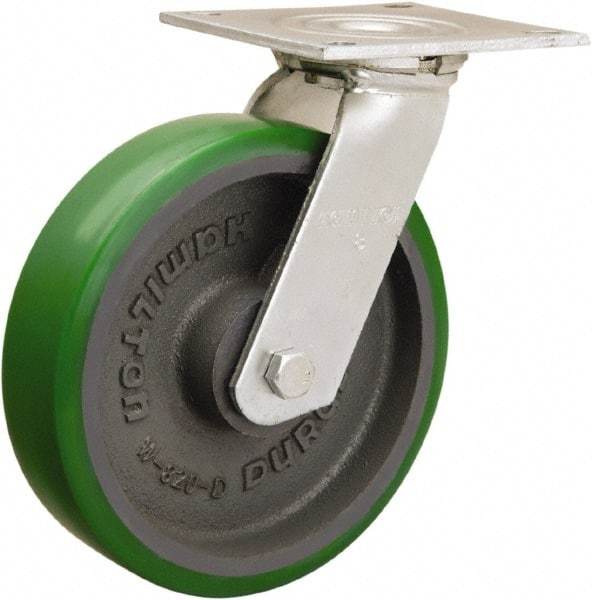 Hamilton - 8" Diam x 2" Wide x 9-1/2" OAH Top Plate Mount Swivel Caster - Polyurethane Mold onto Cast Iron Center, 900 Lb Capacity, Sealed Precision Ball Bearing, 5 x 5-1/2" Plate - Apex Tool & Supply