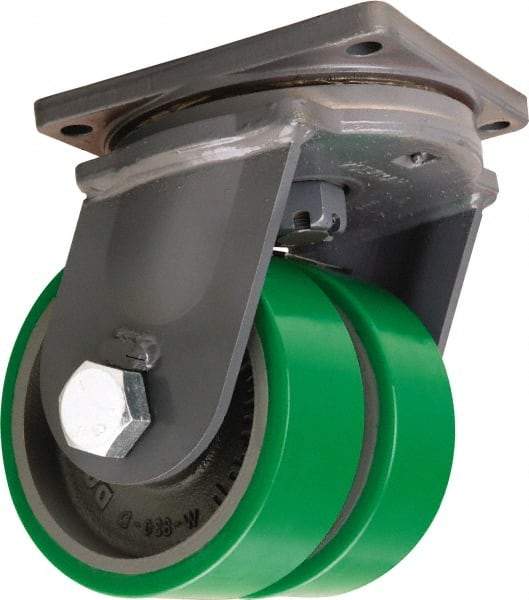 Hamilton - 8" Diam x 3" Wide x 11" OAH Top Plate Mount Dual Swivel Caster - Polyurethane Mold onto Cast Iron Center, 5,000 Lb Capacity, Straight Roller Bearing, 8-1/2 x 8-1/2" Plate - Apex Tool & Supply