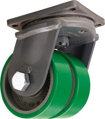Hamilton - 8" Diam x 3" Wide x 11" OAH Top Plate Mount Dual Swivel Caster - Polyurethane Mold onto Cast Iron Center, 5,000 Lb Capacity, Tapered Roller Bearing, 8-1/2 x 8-1/2" Plate - Apex Tool & Supply