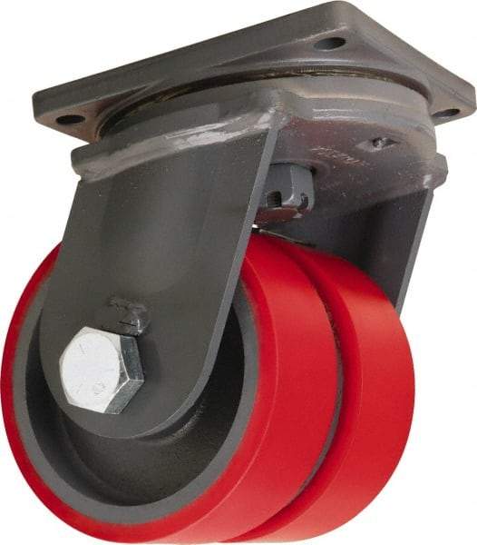 Hamilton - 8" Diam x 3" Wide x 11" OAH Top Plate Mount Dual Swivel Caster - Polyurethane Mold on Forged Steel, 6,000 Lb Capacity, Tapered Roller Bearing, 8-1/2 x 8-1/2" Plate - Apex Tool & Supply