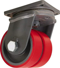 Hamilton - 10" Diam x 3" Wide x 13" OAH Top Plate Mount Dual Swivel Caster - Polyurethane Mold on Forged Steel, 7,200 Lb Capacity, Tapered Roller Bearing, 8-1/2 x 8-1/2" Plate - Apex Tool & Supply